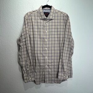 Egara Shirt Mens Large Beige Blue Dudley Glen‎ Plaid Slim Fit Stretch Non Iron